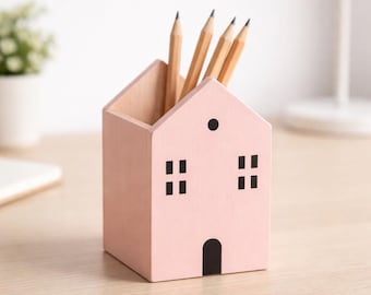 Portalápices de madera con forma de casa, organizador de escritorio de oficina, caja de almacenamiento para lápices, pinceles de maquillaje