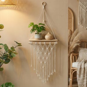 Könnte beinhalten: Ein Makramee-Wandregal mit einem Holzregal und einem dekorativen Webdesign. Das Regal enthält eine Topfpflanze und eine kleine Holzvase. Das Regal ist oben an einem Holzring aufgehängt.