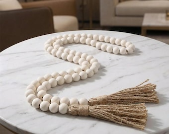 Farmhouse Wood Bead with Tassels | Rustic Boho Beads Wall Hanging | Minimalistic Home Decor