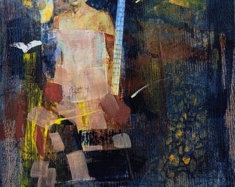 Mixed media portrait of a beautiful woman wearing a gown against a muted blue background. Title, No Need to Apologize.