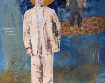 Acrylic and collage artwork that features two Black men standing apart from each other in a surreal setting.