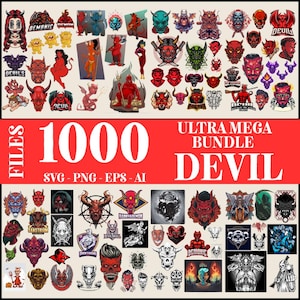 May include: A collection of devil-themed graphics in various styles, including cartoon and detailed illustrations. The image features the text "1000 FILES ULTRA MEGA BUNDLE DEVIL" in white on a red background, with file formats listed below.