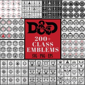 Puede incluir: Una colección de emblemas de clase digitales para juegos de rol. La imagen presenta varios diseños circulares y rectangulares con ilustraciones y texto intrincados, incluyendo "D&D" y "200+ CLASS EMBLEMS".