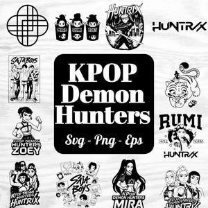 May include: A collection of black and white graphic designs featuring KPOP Demon Hunters. Designs include illustrations of characters, text, and the words "KPOP Demon Hunters" and "HUNTRIX".
