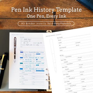 Könnte beinhalten: A5-Einlagen für 6-Ring-Planer mit dem Titel Pen Ink History Template One Pen, Every Ink. Das weiße Papier zeigt eine Strichzeichnung eines Füllfederhalters, Felder für Stiftprofildetails und ein Tintenprotokoll mit Zeilen für Marke und Datum.