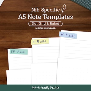 Könnte beinhalten: Ein Set von A5-Notizvorlagen mit Punktgitter- und linierten Layouts. Die Seiten enthalten Beschriftungen für EF-F Nibs, F-M Nibs und M-B Nibs auf farbigen Reitern. Der Text lautet Nib-Specific A5 Note Templates, Dot Grid & Ruled, Digital Download und Ink-Friendly Design.