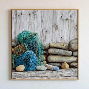 Fishing Net and Stone Wall Coastal Art, Nautical Driftwood Look Canvas, Rustic Beach Cottage Decor, Seaside Wall Accent