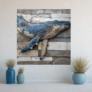 Textured Humpback Whale Wall Art, Coastal Ocean-Inspired Wood Look Panel Canvas, Nautical Marine Life Accent, Rustic Beach House Wall Art