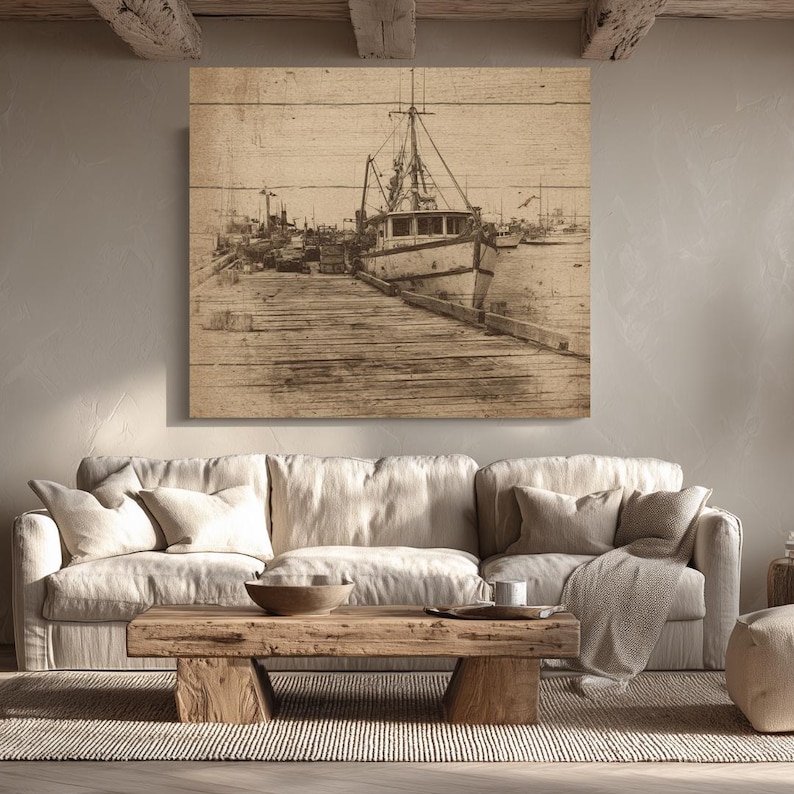 Vintage Fishing Boat Dock Wall Art, Sepia Nautical Canvas Print, Rustic ...