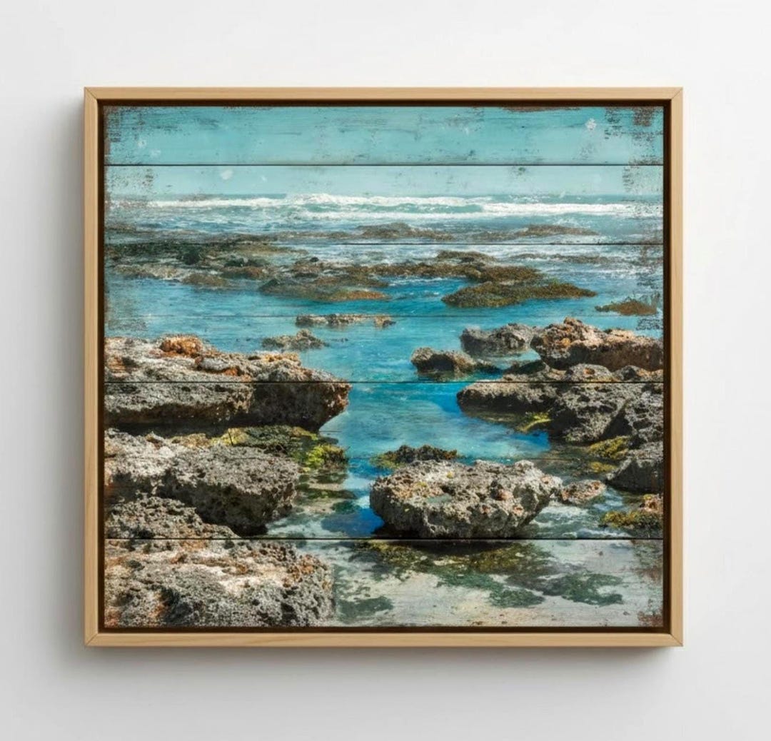 Rocky Tide Pool Wall Art, Coastal Ocean Shoreline Canvas, Aqua Blue ...