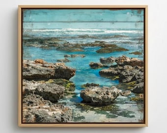 Rocky Tide Pool Wall Art, Coastal Ocean Shoreline Canvas, Aqua Blue Marine Decor, Tranquil Seaside Wall Accent, Beach Lover Gift