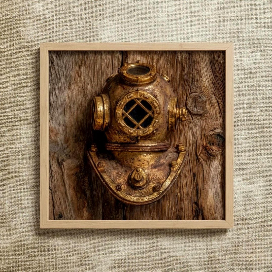 Vintage Brass Diving Helmet Wall Art, Weathered Wood Look Rustic Diver ...