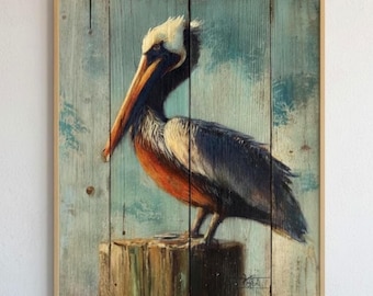 Quadro rustico con pellicano costiero, decorazione nautica con uccelli marini, tela effetto legno invecchiato, accento da riva oceanica, idea regalo per casa al mare