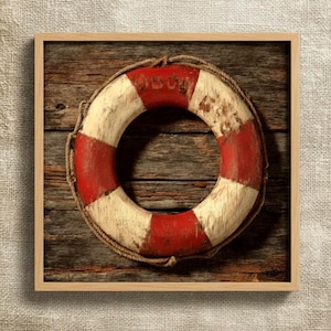 Vintage Lifebuoy Wall Art, Nautical Red White Life Ring Decor, Rustic Coastal Barn Wood Look Canvas, Maritime Beach House Decoration