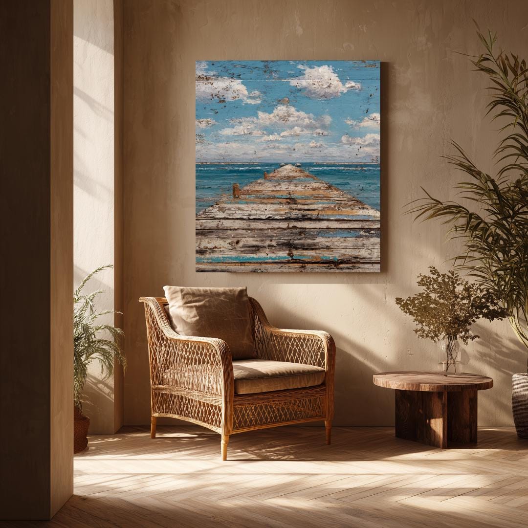 Rustic Ocean Rustic Ocean Pier Wall Art, Coastal Beach Horizon Canvas, Weathered ...