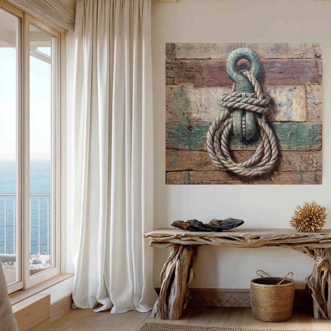 Rustic Nautical Rope Wall Art, Boat Cleat on Weathered Wood Look Canvas ...