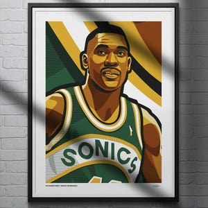 Shawn Kemp Poster, Seattle Supersonics Basketball Wall Art, Sports Print for Man Cave Office or Fan Gift