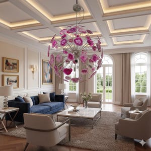 May include: A luxurious living room featuring a large, spherical chandelier with pink agate slices. The room includes a navy blue sofa, neutral-toned armchairs, and a marble-topped coffee table. The ceiling has recessed lighting, and the walls are adorned with artwork.
