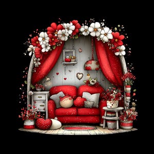 May include: A digital illustration of a cozy red room with a sofa, curtains, and floral decorations. The room is adorned with red and white flowers, hearts, and a small table. The text "HIGH RESOLUTION / PNG" is at the bottom.