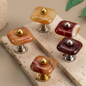 Solid Brass Nature red agate Cabinet Knob, nature stone Drawer Pull,  nickel Kitchen unique Cabinet Handle