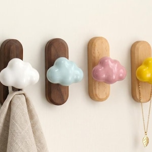 Gancho de madera y cerámica con forma de nube, gancho minimalista con forma de luna y estrella, gancho para guardería, gancho ovalado