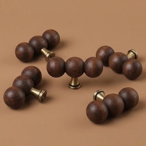 Walnut Wood Cabinet Knob, Triple Ball Drawer Pull, Mid Century Modern Hardware, Wooden Dresser Knob, Kitchen Cabinet Handle