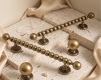 Antique Brass Beaded Cabinet Pull, Vintage brass kitchen Drawer Pull Handle hardware
