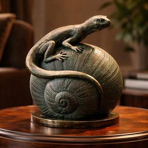 Pode incluir: Escultura em bronze de um lagarto empoleirado numa grande concha em espiral. O lagarto tem pele detalhada, e a concha tem uma superfície texturizada. A escultura assenta numa base redonda de bronze, exposta numa mesa de madeira.