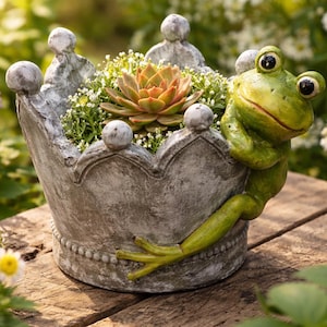 May include: A gray crown-shaped planter with a green frog clinging to the side. The planter is filled with a succulent and small white flowers. The frog has large eyes and a friendly expression. The planter sits on a wooden surface.