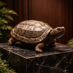 Peut inclure: Une sculpture de tortue de couleur bronze avec une carapace détaillée et une peau texturée. La tortue est posée sur un cube de marbre noir avec des veines blanches. La sculpture est un objet décoratif.