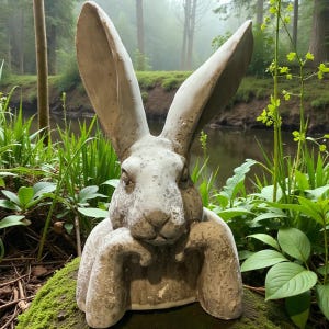 Könnte beinhalten: Eine verwitterte, graue Beton-Kaninchen-Statue mit langen Ohren und Armen, die auf der Brust ruhen. Die Skulptur befindet sich im Freien, umgeben von üppigen grünen Pflanzen und einem kleinen Gewässer im Hintergrund. Das Kaninchen hat ein abgenutztes Finish.