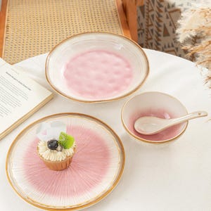 Glaze-Shifting Pink Ceramic Bowl & Plate Set: Artisan Stoneware Dinnerware, Kiln-Fired Pottery.