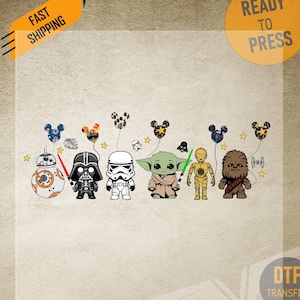 May include: DTF transfer featuring Star Wars characters including BB-8, Darth Vader, a Stormtrooper, Grogu, C-3PO, and Chewbacca. Each character is holding a balloon with a Mickey Mouse head. The image includes the text "FAST SHIPPING" and "READY TO PRESS".