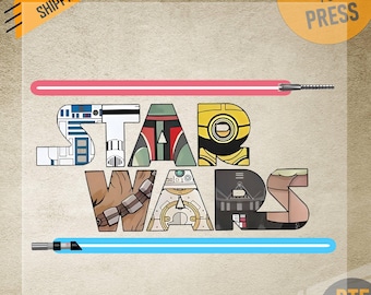 Star Wars Lettering DTF Transfer Ready to Press, Lightsaber & Character Logo Print, Boba Fett, Chewbacca, Vader, R2-D2 Custom Apparel HTV