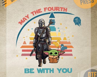 May The Fourth Be With You DTF Transfer, The Mandalorian & Grogu Chibi Ready to Press, Retro Sunset, Custom Star Wars Day Apparel