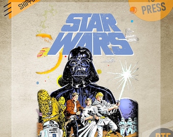 Vintage Star Wars Poster Art DTF Transfer Ready to Press, Classic Movie Characters Print, Darth Vader, Luke, Chewie & Droids Dtf