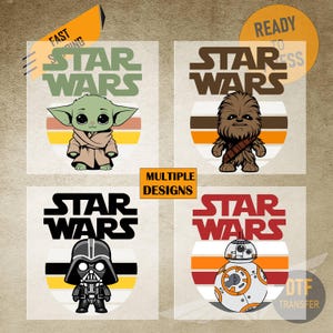 May include: Four Star Wars DTF transfer designs featuring Baby Yoda, Chewbacca, Darth Vader, and BB-8. Each design includes the Star Wars logo and a retro-style background with the text "MULTIPLE DESIGNS". The image also includes the text "FAST SHIPPING" and "READY TO PRESS".