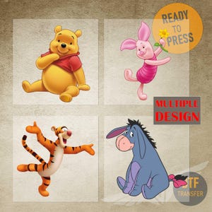 May include: Four cartoon character designs: Winnie the Pooh, Piglet, Tigger, and Eeyore. The image includes the text "READY TO PRESS" and "MULTIPLE DESIGN". The characters are on a transparent background, suitable for heat transfer.