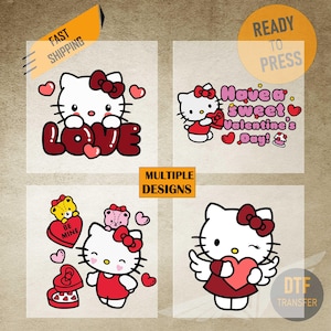 May include: Multiple Valentine's Day themed DTF transfer designs featuring a cartoon cat with a red bow. Designs include the word "LOVE", hearts, and the phrase "Have a sweet Valentine's Day!"