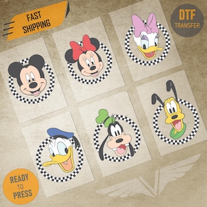 May include: Six DTF (Direct to Film) transfer sheets featuring Disney characters Mickey Mouse, Minnie Mouse, Daisy Duck, Donald Duck, Goofy, and Pluto. Each character is inside a black and white checkered circle. The words "FAST SHIPPING" and "READY TO PRESS" are also visible.