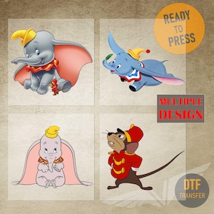 May include: Four DTF transfer designs featuring Dumbo and Timothy Mouse. The designs include Dumbo sitting, flying, and another Dumbo design, plus a design of Timothy Mouse. The transfers are ready to press and feature multiple designs.