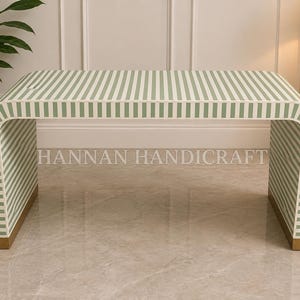 Handmade Bone Inlay Console Table, Striped Waterfall Design, Brass Base Accent Furniture