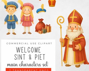 Sinterklaas Hauptcharaktere Clipart-Set - Nikolaus, Piet Charaktere, Hüte & Geschenksack