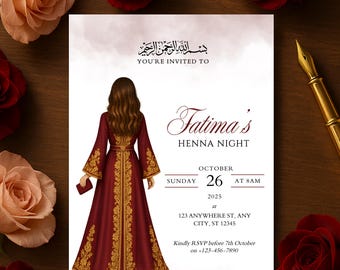 Bearbeitbare digitale Henna-Nachtseinladung - Muslimisches Braut-Design | A6 & Handy-Größe | Canva Vorlage