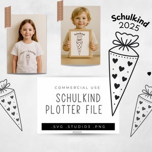 May include: The image shows a white t-shirt with a school cone graphic and text, and a framed drawing of a school cone. The text on the shirt says "Mein 1. Schultag". The framed drawing and the shirt graphic have a similar design.