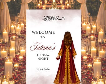 Bearbeitbares Henna Willkommensschild Canva Vorlage, Burgund Gold