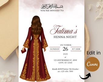 Invitación digital editable para la noche de henna para novias musulmanas, tamaño A6 y móvil, plantilla de Canva.
