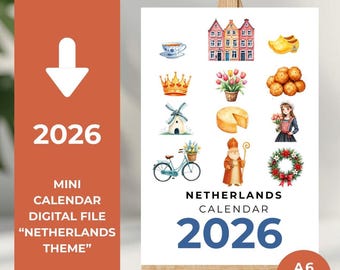Druckbarer Niederlande Mini Kalender 2026 A6, Kommerzielle Nutzung