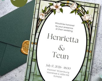 Invitación de boda floral con diseño de vidrieras, plantilla personalizable de Canva.