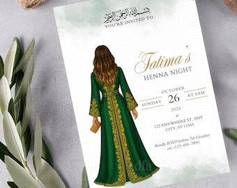 Bearbeitbare Henna-Nachtseinladung - muslimische Braut, grünes Kleid (Canva-Vorlage)